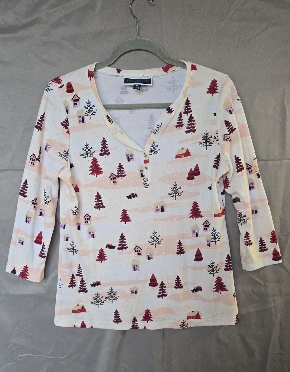 Karen Scott Shirt Womens PM White Christmas Winter Village Henley 3/4 Sleeve Top